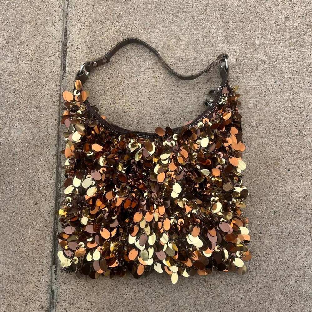Sequin Shoulder‎ Bag Evening Party Purse Brown Bronze Metallic